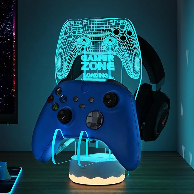 Light up Headset and Controller Stand, 16 Colors 3D LED Lights Gamepad Headphone Holder with Remote Control, Game Controller Hanger for All Universal Gaming PC Accessories