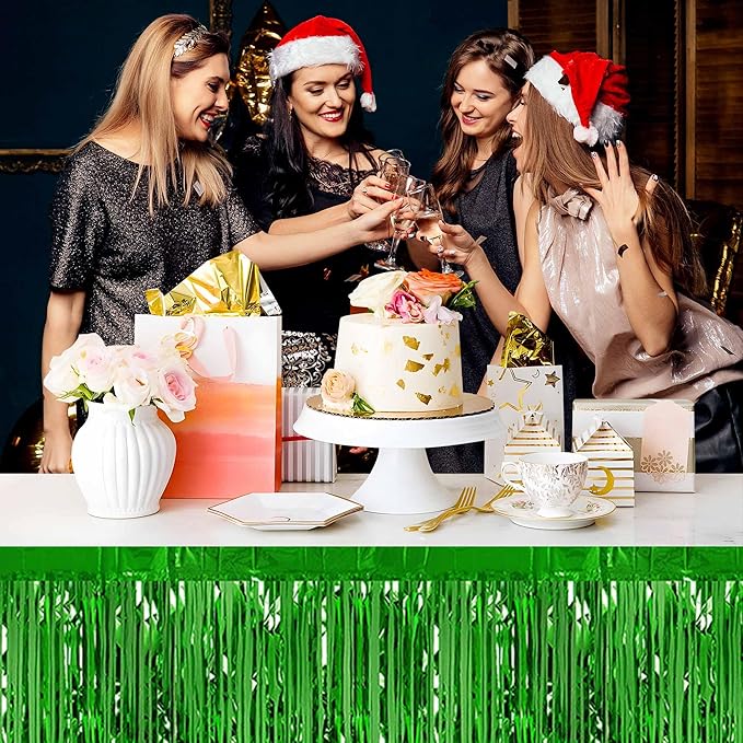 3 Pack 29 x108 Inch Green Foil Fringe Table Skirts Metallic Banner for Tinsel Streamer Garland Backdrop for Parade Floats Mother's Day, Graduate, Birthday, Wedding Party Decoration