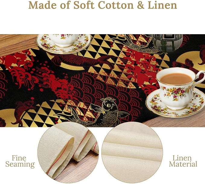 Japanese Table Runner Oriental Tradition Kio Fish Red Art Printed Burlap Runner Home Kitchen Dining Table Living Room Decor Fabric 1 Panel W13xL108in