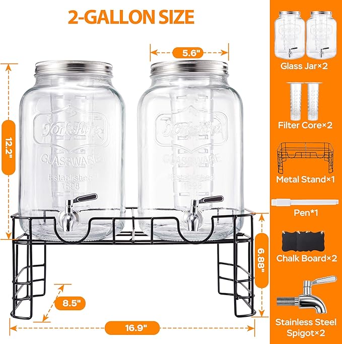 2 Gallon Glass Drink Dispenser for Parties, 2 Pack Beverage Dispenser with Stand, Lemonade Dispenser with 18/8 Stainless Steel Spigot, Leakproof for Sun Tea, Juice, Picnic, BBQ & Bars