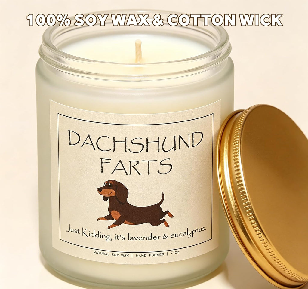 Funny Dachshund Gifts – 100% Soy Wax Scented Candle for Dachshund Lovers, Pet Safe Lavender & Eucalyptus, 50H Burn Time, Weiner Dog Gifts for Women, Unique Dachshund Decor – 7oz