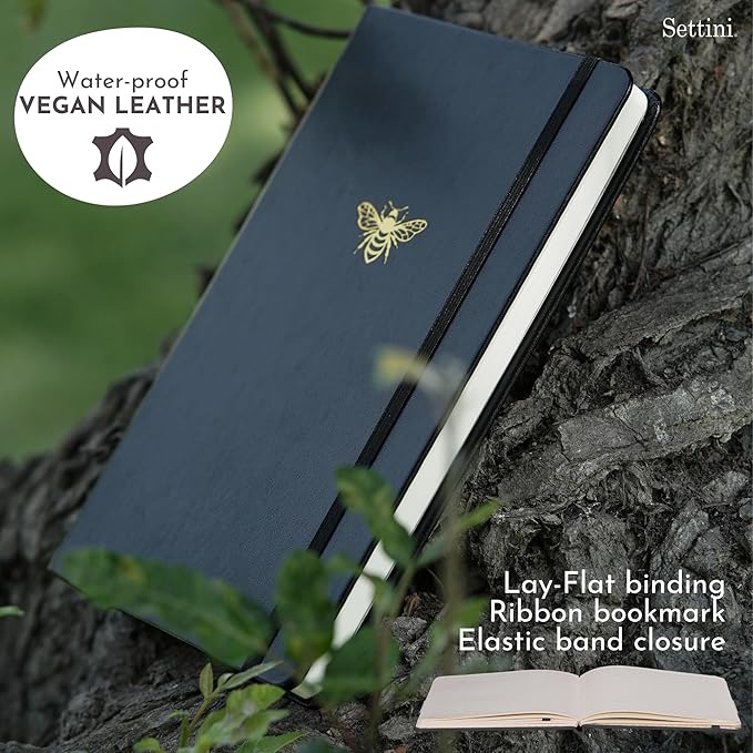 SETTINI Lined Journal, Ideal for Journaling - A5 Vegan Leather Notebook, 192 Archival-Quality Pages, QuillEase Bleed-Free Paper, Inner Pocket & Bookmark - Bee Gifts, Black Bee