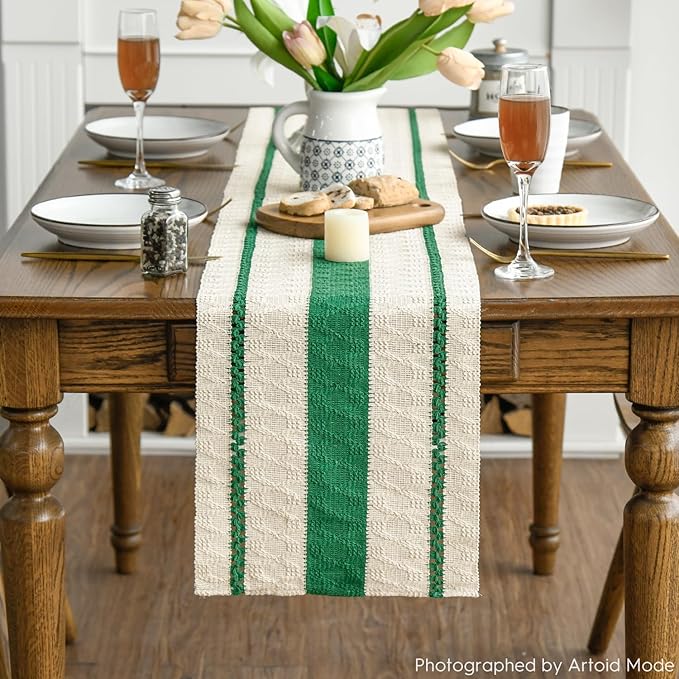 Artoid Mode Dark Green Farmhouse Woven Rustic Table Runner, Seasonal Holiday Hollow Kitchen Dining Table Decoration for Home Party Decor 12x36 Inch