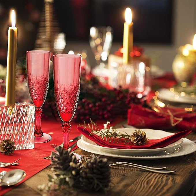 Plastic Champagne Flutes, 24PCS Dark Red Wine Glasses Goblets Cups Reusable Flute, for Christmas Weddings Christmas Bachelor Parties Toasting and Events(24, Dark Red)