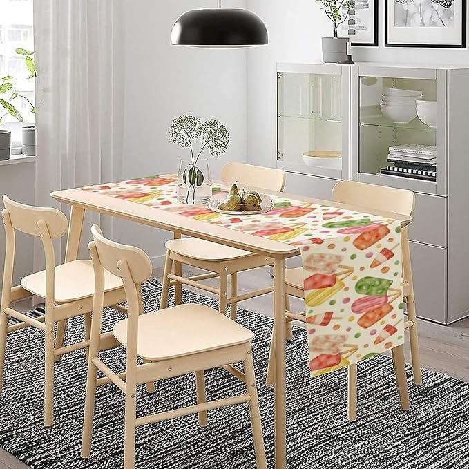 Summer Popsicles Table Runner, Watercolor Colorful Fruit Ice Cream Pops Berry Kiwi Cold Summer Sweet Seasonal Dinner Runner for Party Holiday Home Kitchen Dining Table Decor 13"x70"