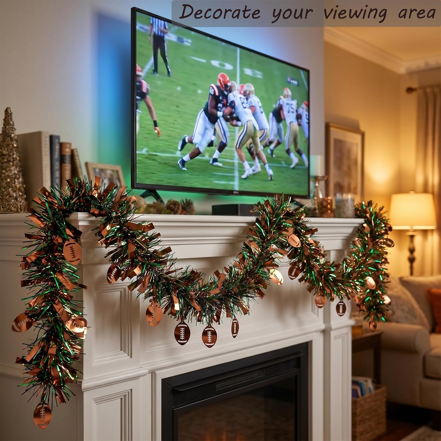 4Pcs Football Tinsel Garland Glitter Vine with Rugby for Football Party | Each 5.56 FT Glitter Hanging Metallic Foil Textured Vine with Rugby for Birthday Party Bowl Game Wall Decor