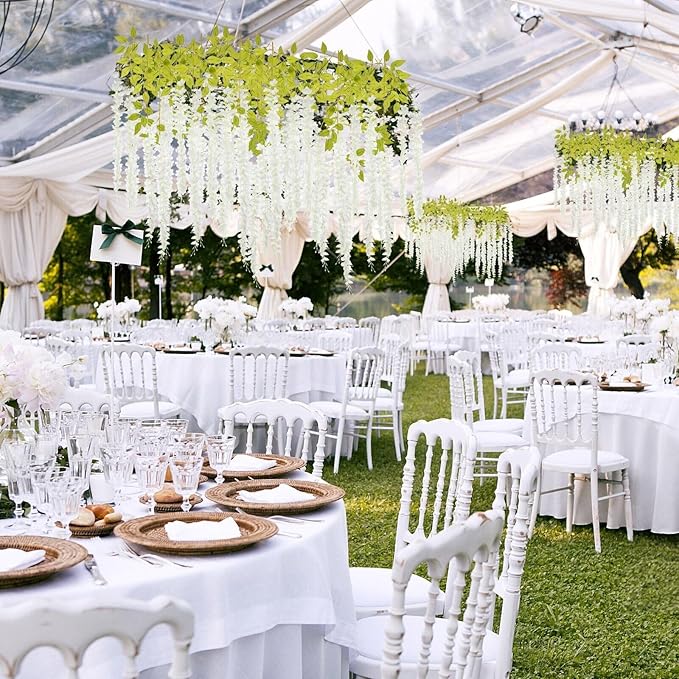 24 Pack White Wisteria Hanging Flowers, 3.4 Ft Fake Hanging Flowers, Artificial Wisteria Garland Vines for Wedding Room Backdrop Outdoor Patio Garden Decoration