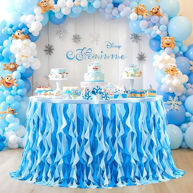 Partisky Ocean Blue Tulle Tutu Ruffle Curly Willow Table Skirt for Rectangle Table 9ft,Under The Sea Baby Shark Themed Table Cloth for Boys Girls Birthday Party or Baby Shower