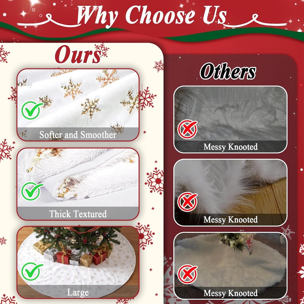72 Inches Christmas Tree Skirt for Xmas Tree Holiday Party Decorations White Plush Gold Sequin Snowflake
