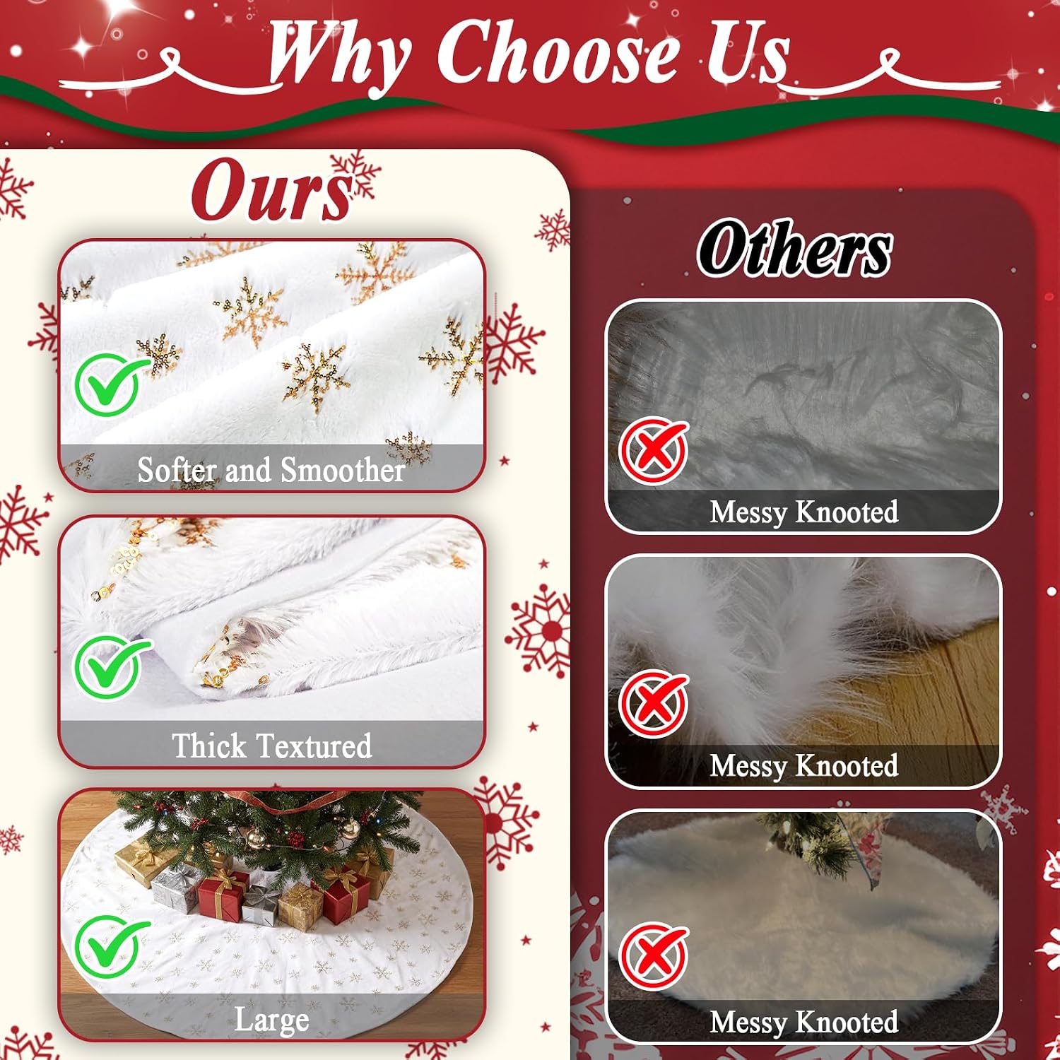 72 Inches Christmas Tree Skirt for Xmas Tree Holiday Party Decorations White Plush Gold Sequin Snowflake