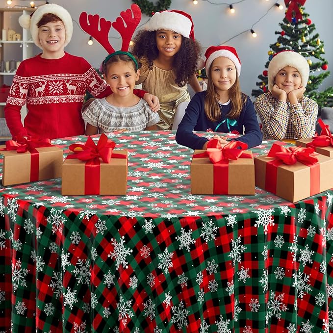 12Pcs Christmas Buffalo Plaid Snowflake Party Tablecloths Decorations,Plastic Red and Green Checkered Round Table Cover for Winter Christmas New Year Birthday Holiday Party Decorations,84 inch