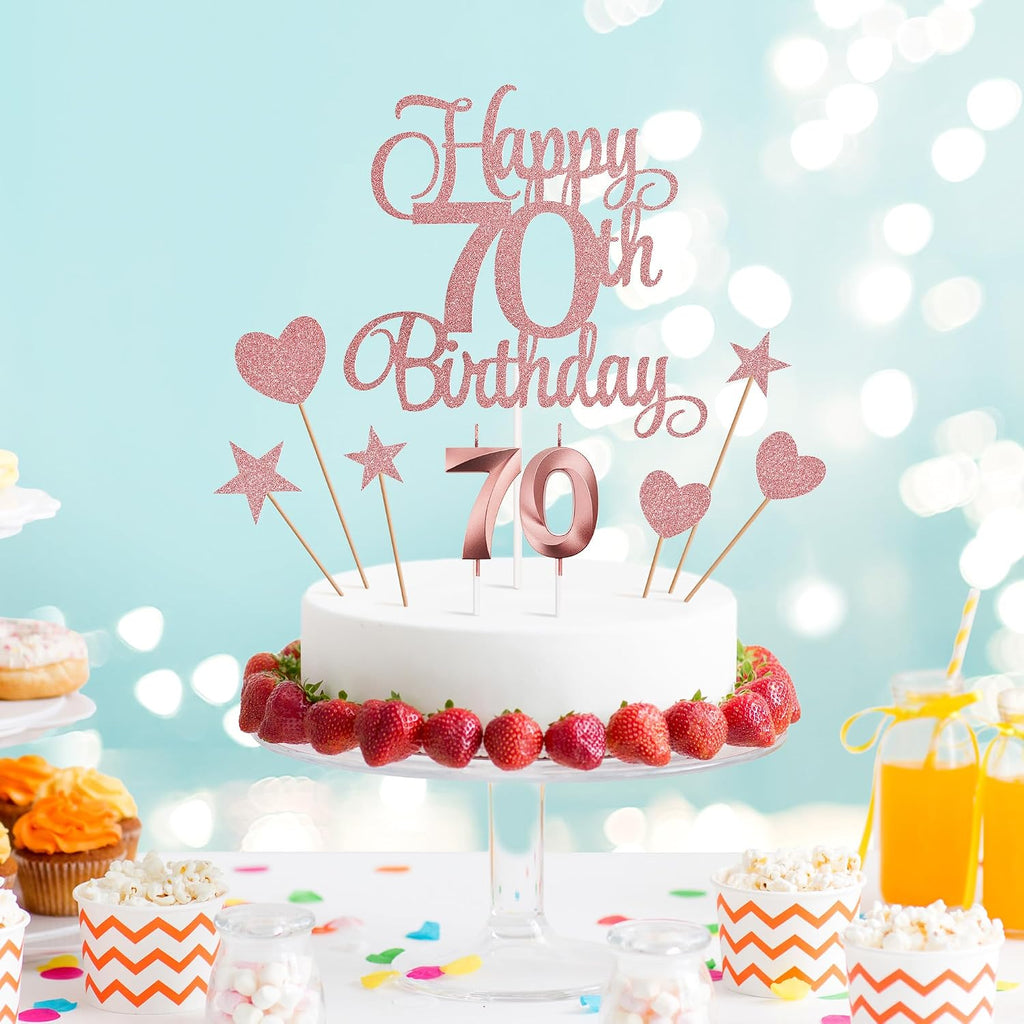 70th Birthday Cake Decorations, 70th Birthday Candles Cake Numeral Candles and Glitter Happy 70th Birthday Cake Toppers Set for Birthday Party Supplies (Rose Gold)
