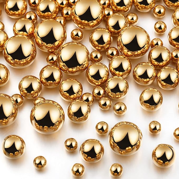 150 Pieces Vase Filler Faux Pearls Vase Makeup Beads No Hole Gloss Bead Mixed Sizes Round Pearl for Home Party Wedding Decor, 8/14/20 mm(Gold)
