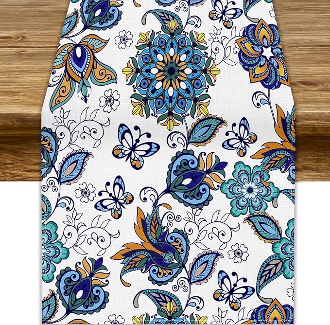 Oriental Paisley Table Runner, Luxury Vintage Blue Teal Floral Butterflies Print Table Runner for Home Dining Kitchen Coffee Table Party Decor, 13x60inch