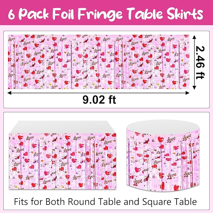 6 Pack 29 x108 Inch Love Pink Wave Foil Fringe Table Skirts Metallic Banner for Tinsel Streamer Garland Backdrop for Parade Floats, Mother's Day, Easter, Wedding, Birthday Party Decoration