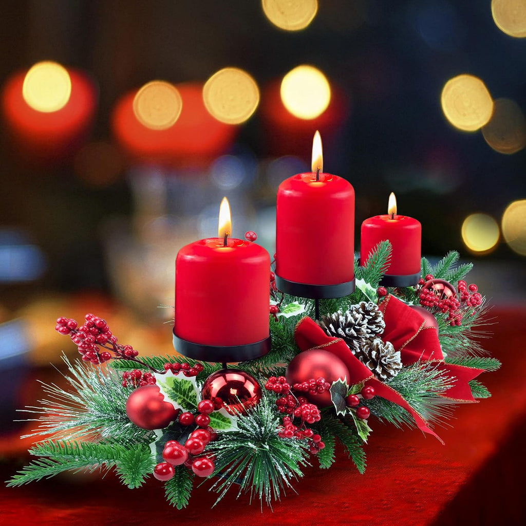 YULETIME 28" Christmas Triple Candelabrum, Red Baubles, Berries, Pine Cones | Three Trays Holder, Tray diameter 3.15-in, Candles Not Included, Holiday Centerpiece, Red Theme
