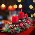YULETIME 28" Christmas Triple Candelabrum, Red Baubles, Berries, Pine Cones | Three Trays Holder, Tray diameter 3.15-in, Candles Not Included, Holiday Centerpiece, Red Theme