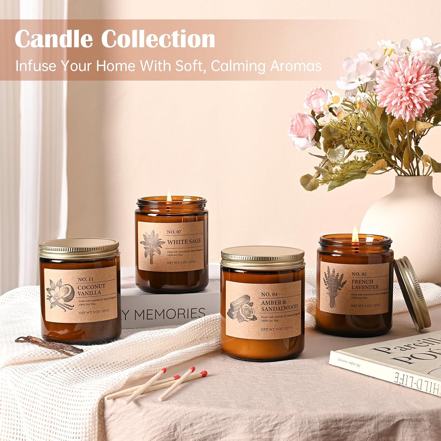 Soy Candles Set of 4, 9oz Natural Soy Wax Aromatherapy Candles, Home Scented Candles with 4 Scents (Lavender, Amber Sandalwood, White Sage, Coconut Vanilla), Gifts for Mom, Women, Relaxation, Yoga