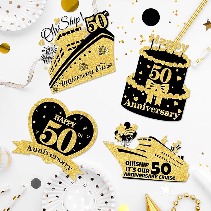 4 PCS Large 50th Anniversary Cruise Door Magnets Decorations Happy 50th Anniversary Cruise Ship Door Decor Magnetic Wedding Magnets Garage Refrigerator Car Magnets for Cabin Stateroom (Black Gold)
