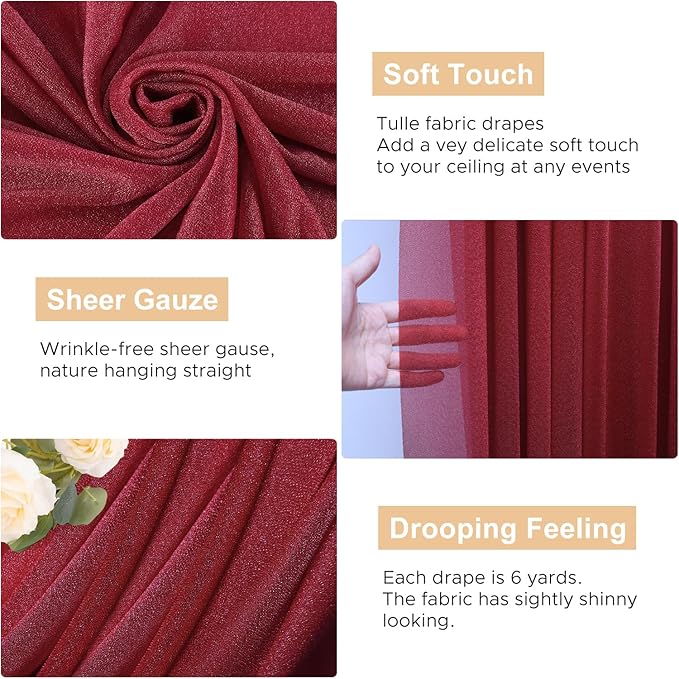 Wokceer Burgundy Wedding Arch Draping Fabric Backdrop 3 Panels 28.7" X 20FT Sheer Drapes Fabric for Wedding Arbor Ceremony Party
