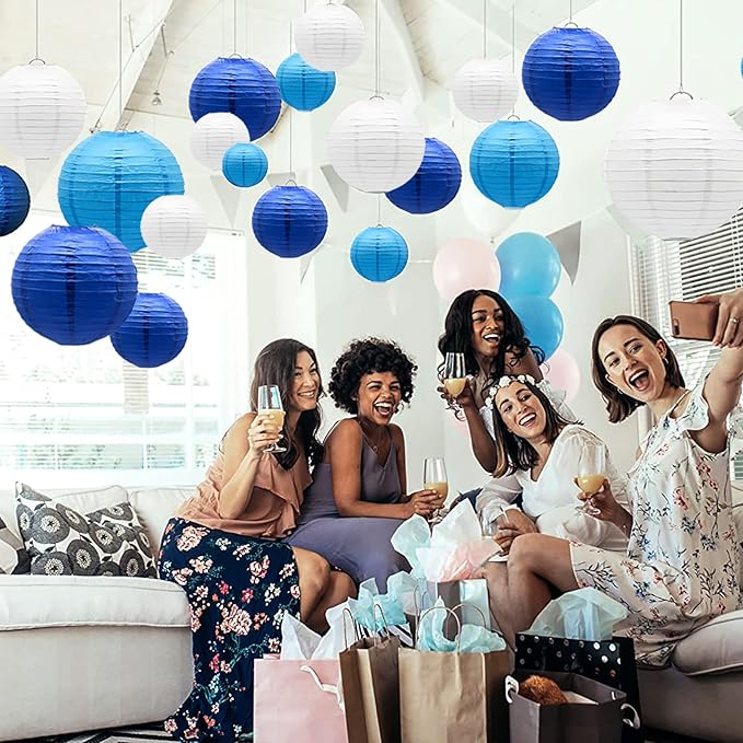 ADLKGG Blue Paper Lanterns Decorative, Hanging Round Paper Lantern Party Supplies for Anniversary Graduation Wedding Birthday Party Baby Shower Decorations Indoor Outdoor, 21pcs
