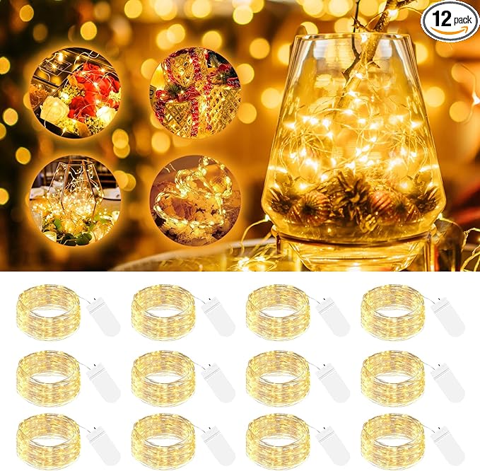 btfarm 12 Pack LED Fairy Lights Battery Operated, 7ft 20LED Mini String Lights Waterproof, Silver Wire Firefly Starry Lights Bulk for Mason Jars Crafts Table Centerpieces Party Christmas, Warm White