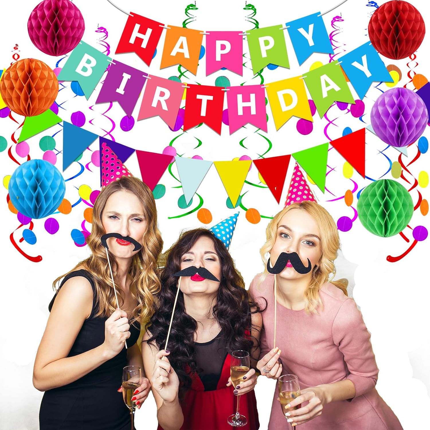 Fecedy Happy Birthday Banner With Colorful Paper Flag Bunting Paper Circle Confetti Garland Swirl Streamers Honeycomb ball for Birthday Party Decorations