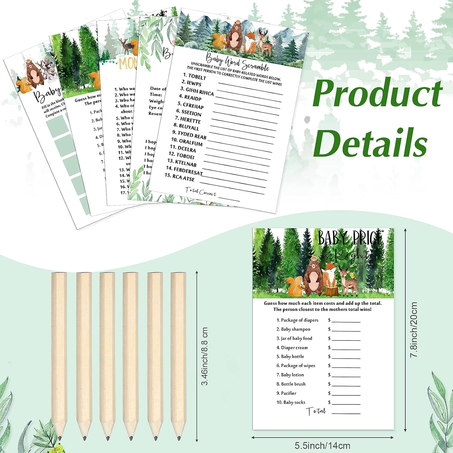 Gersoniel 135 Pieces Woodland Baby Shower Game Cards Forest Animals Baby Shower 5 Set (25 Cards Each) with 10 Pencils Predict Who Mommy or Daddy Well Wishes Woodland Creatures Theme for Boy Girl
