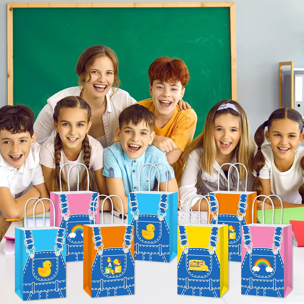 24Pcs English Teacher Party Gift Bags Cartoon Teacher Birthday Party Decorations Supplies Cartoon Girls Fans Treat Bag Rainbow ABC Bus Paper Goodie Bags with Handles for Kids Birthday Classroom Decor
