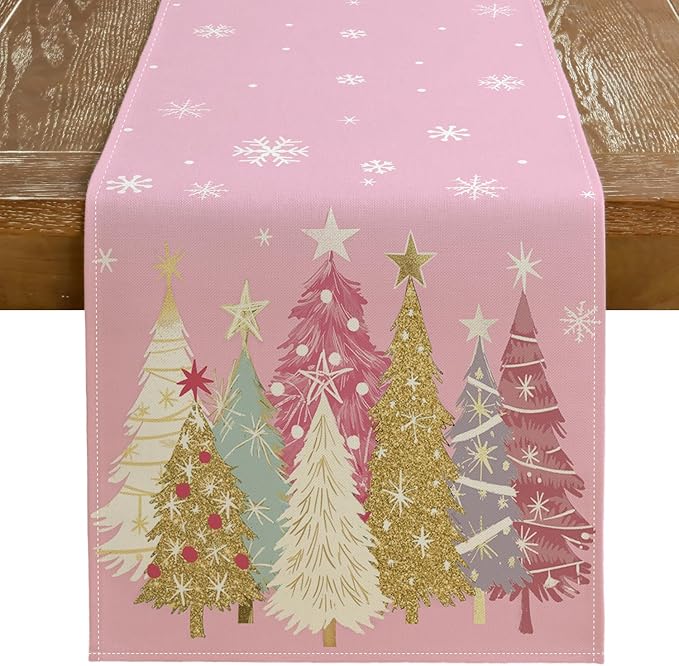 GEEORY Christmas Table Runner 13x120 Inch, Xmas Trees Snowflakes Holiday Decorative Farmhouse Table Decoration for Kitchen Dinning, Indoor Outdoor Dinner Party Decor (Pink) GT153-120