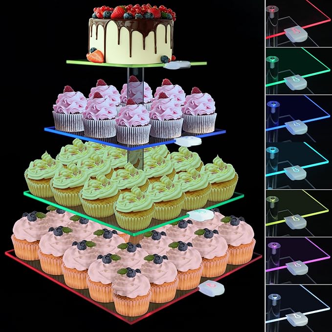 Rechargeable LED Cupcake Stand for 50 Cupcakes, 7 Colors Light Clear Cupcake Holder, 4 Tier Cupcake Tower, Acrylic Dessert Table Display Set for Weddings, Christmas, Birthday, Parties