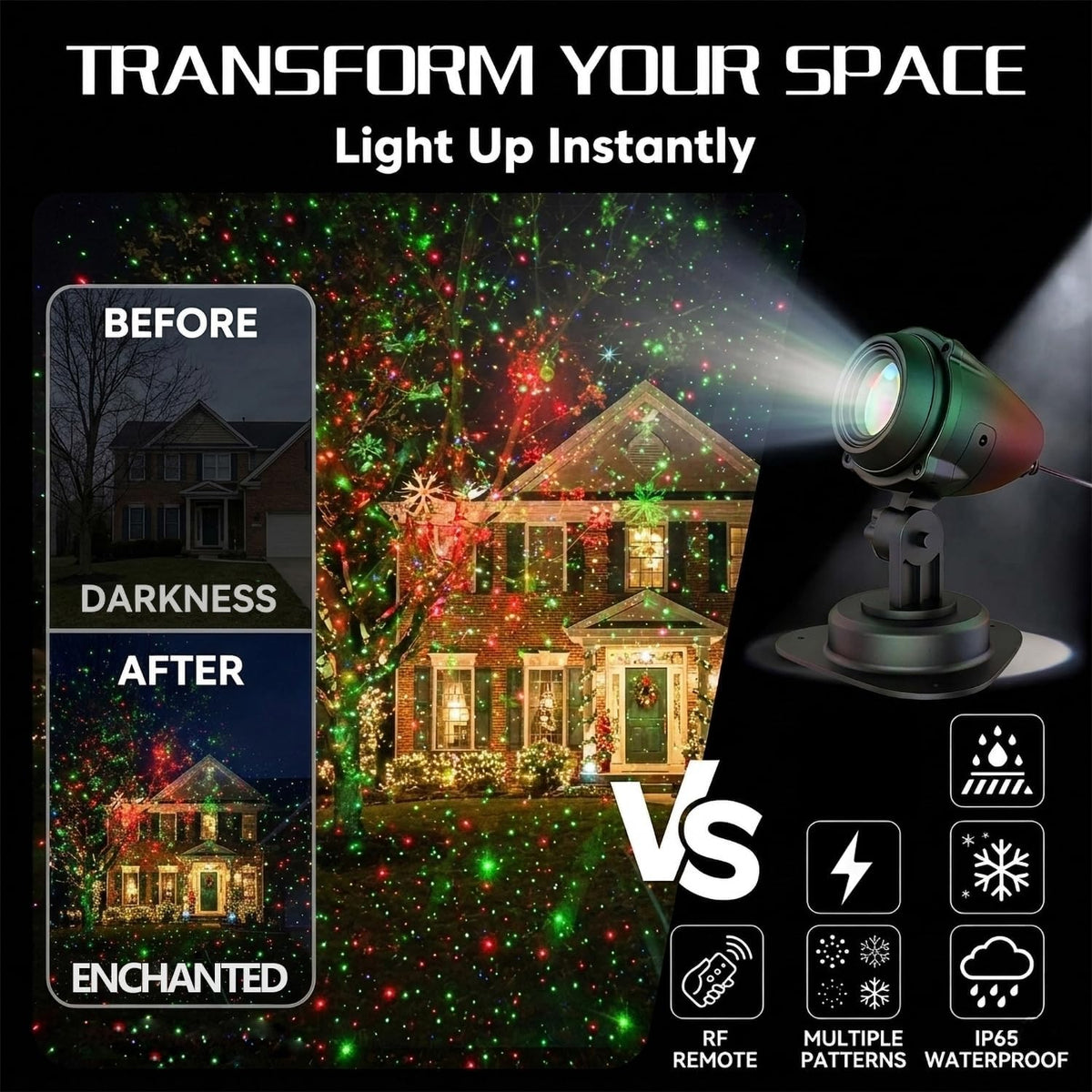laser christmas projector lights, rgb 3-color moving star, front angle view