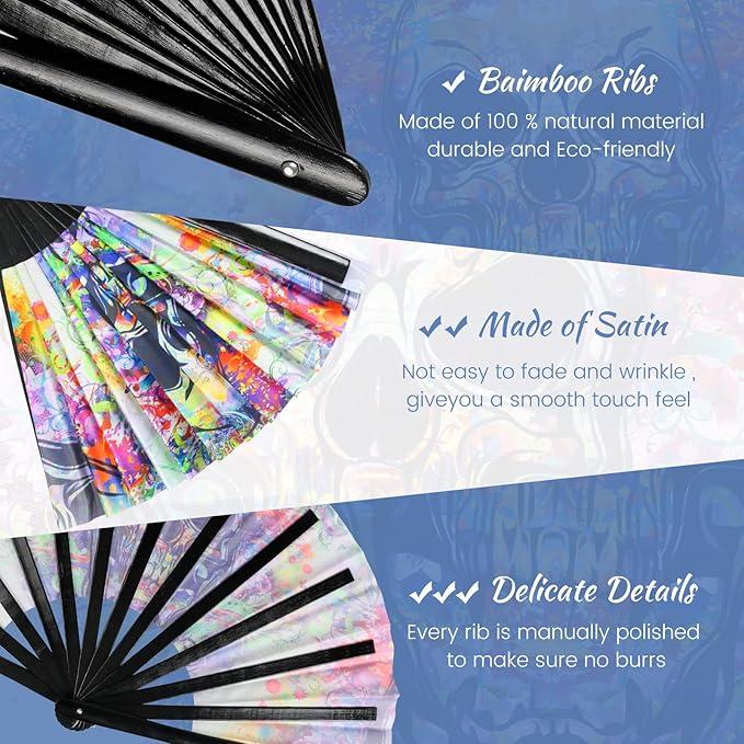 SYNTECSO Folding Hand Fan for Rave, UV Glow Fan, Large Bamboo Fan for Drag Queen, Women and Men Gift，Chinese Japanese Clack Fan for Parties, Music Festivals, EDM and Decoration