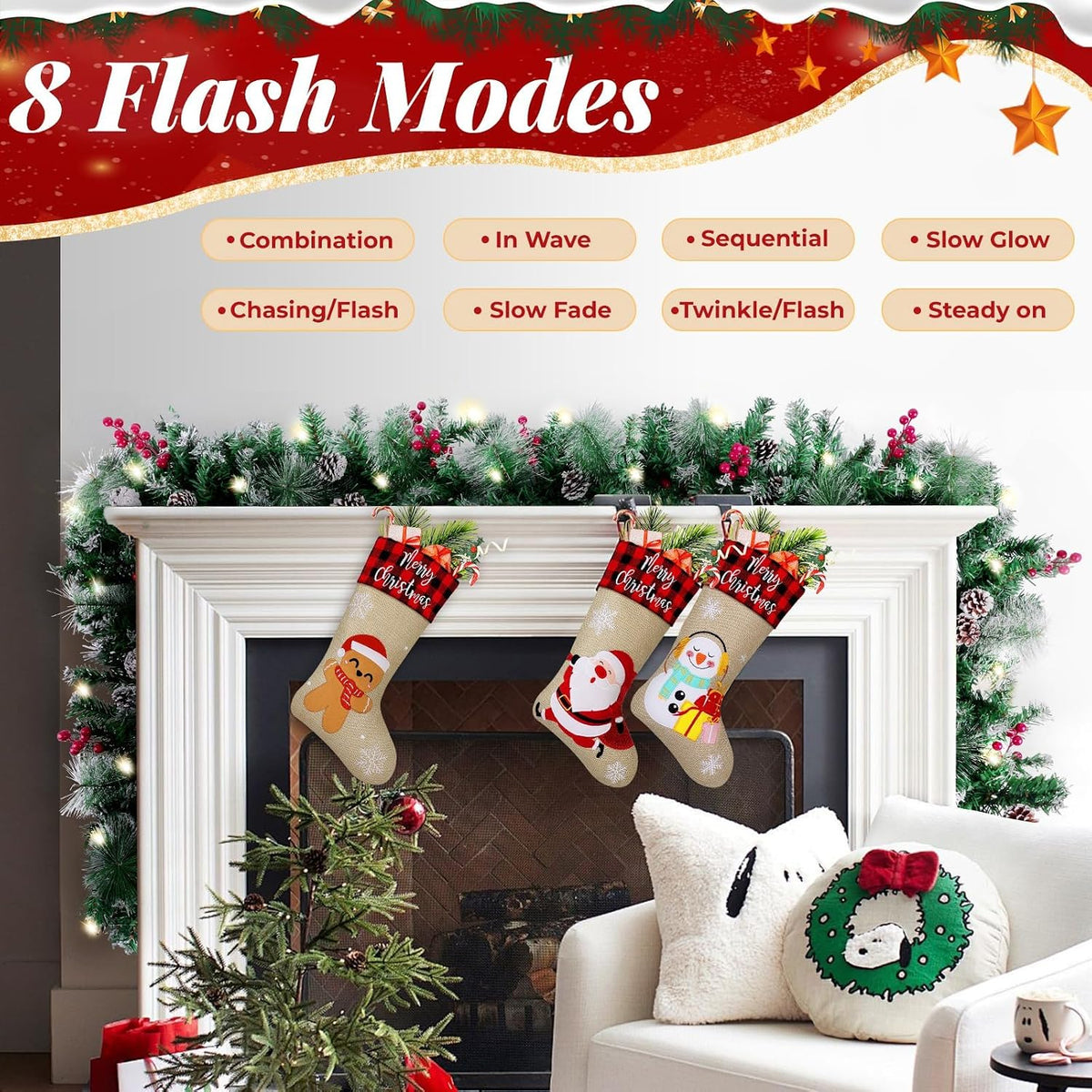 blessedseason 9ft christmas garland with lights, timer artificial showing dimensions