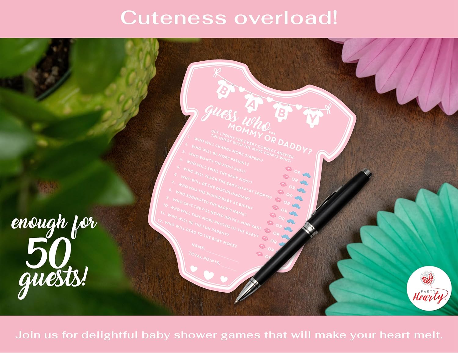 Party Hearty Baby Shower Games, Guess Who Mommy or Daddy - Pink Onesie | 50 Pink Onesie Cards, Guess Who Game, Fun Activity Cards, Baby Shower Activity