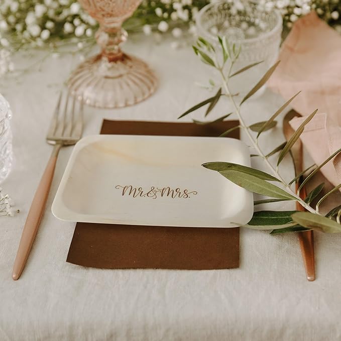 Mr. and Mrs. Disposable Wedding Plates – Rustic, Compostable Alternative to Plastic Plates for Wedding Receptions, Engagement Parties, and Rehearsal Dinners (Salad/Dessert, 50-Pack)