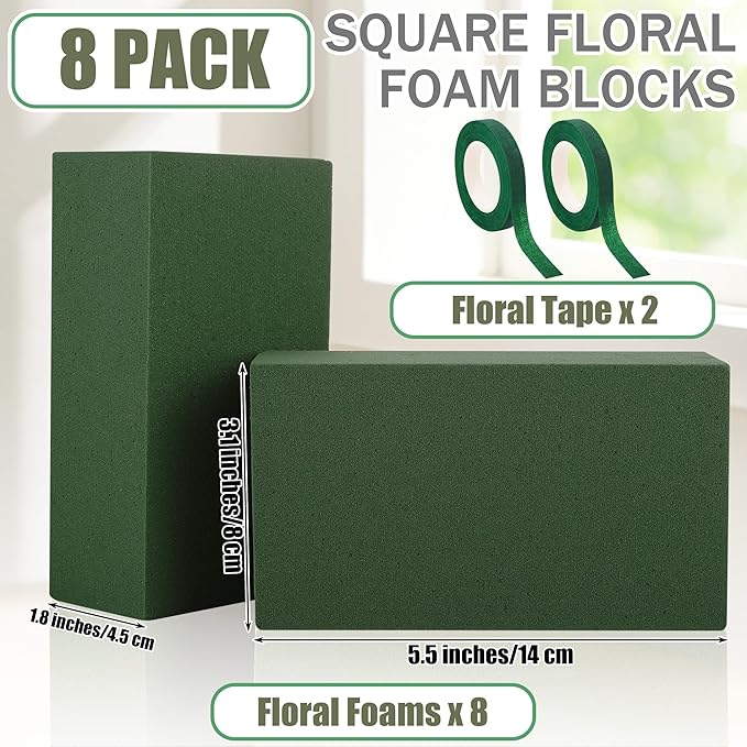 Aneco 8 Pieces Floral Foam Blocks with 2 Rolls Floral Tape 5.5''L x 3.1''W x 1.8''H Green Square Flower Foams Flower Arrangements Supplies for Dry & Wet Flower Wedding Home Decor and DIY Crafts