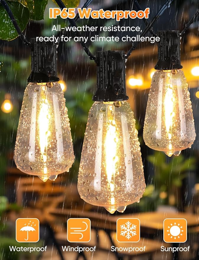 Brightever LED Outdoor String Lights with Remote, 60FT Patio Lights Outdoor Waterproof with 19 Shatterproof ST38 LED Edison Bulbs, 3 Modes 2 Timer Dimmable String Lights for Outside, Low Voltage 24V