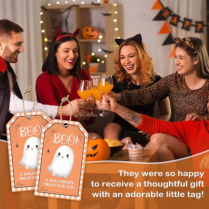 50 Pcs Halloween Tags with String, 2.1"×3.5" Boo Paper Gifts Tags, Ghost Trick or Treat for Candy, Halloween Gifts Tag Wrap for Party Favor - B08