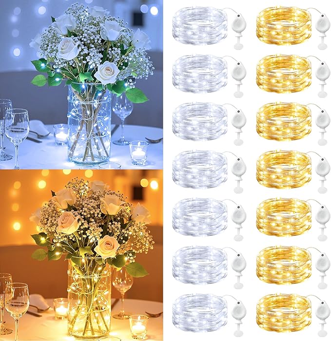 Brightown 14 Pack Warm White and White LED Fairy Lights Battery Operated String Lights, 7ft 20LED Waterproof Silver Wire String Lights, Firefly Starry Moon Lights for Mason Jars DIY Christmas Wedding
