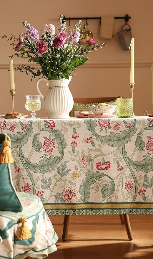 patdrea Designer French Vintage Rectangle Tablecloth,Green Linen Leaves Pattern Table Cloth,Decoration Floral Table Cover for Kitchen Dining Christmas,Thanksgiving,Party,63"x87"-Cecilia a