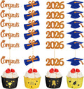 Chinco 100 Pack 2026 Graduation Decoration 2026 Graduations Cupcake Toppers Glitter Congrats Grad Cap Cake Caps Party Decorations Diploma Cupcake Picks for Graduation Party Decor(Blue and Orange)