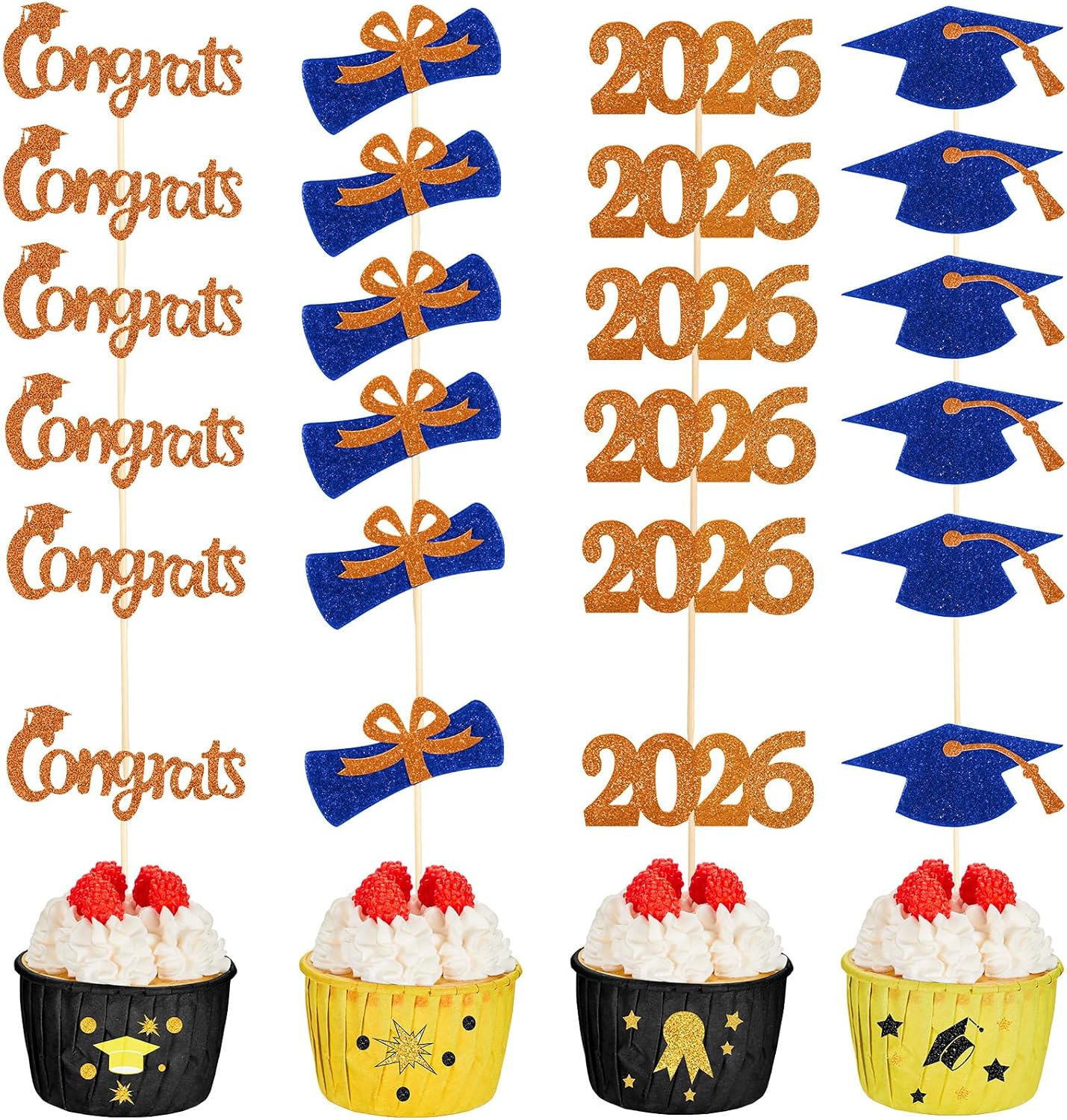 Chinco 100 Pack 2026 Graduation Decoration 2026 Graduations Cupcake Toppers Glitter Congrats Grad Cap Cake Caps Party Decorations Diploma Cupcake Picks for Graduation Party Decor(Blue and Orange)