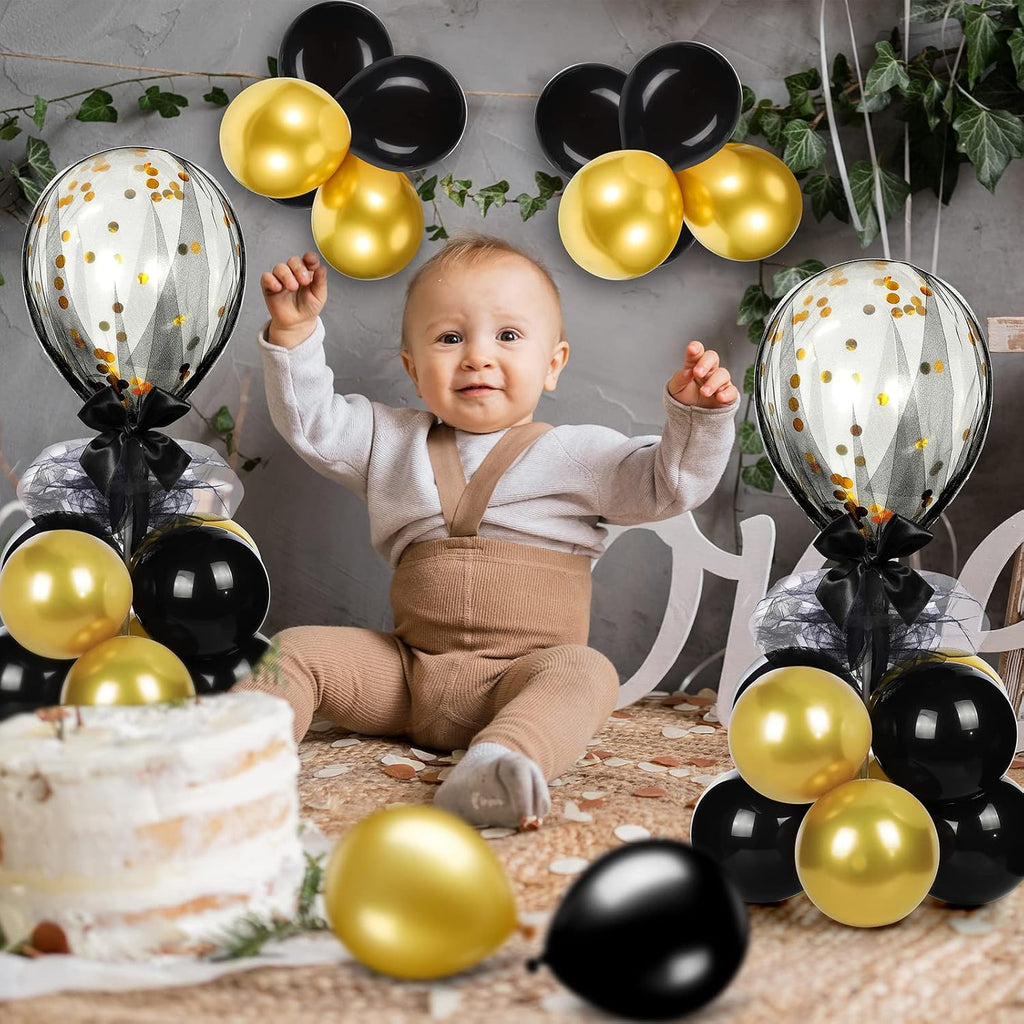 bbto 8 set gold black table centerpieces balloons showing dimensions