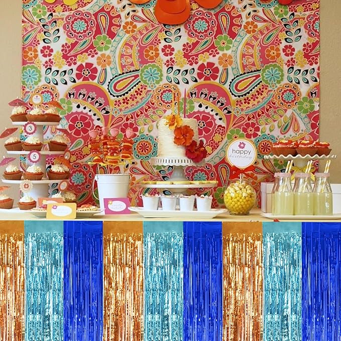 BEISHIDA 2 Pack Orange Blue Light Blue Table Skirts Party Decorations Metallic Tinsel Foil Fringe Table Skirts Table Decors for Rectangle and Round Table Birthday Holiday Party Cartoon Party
