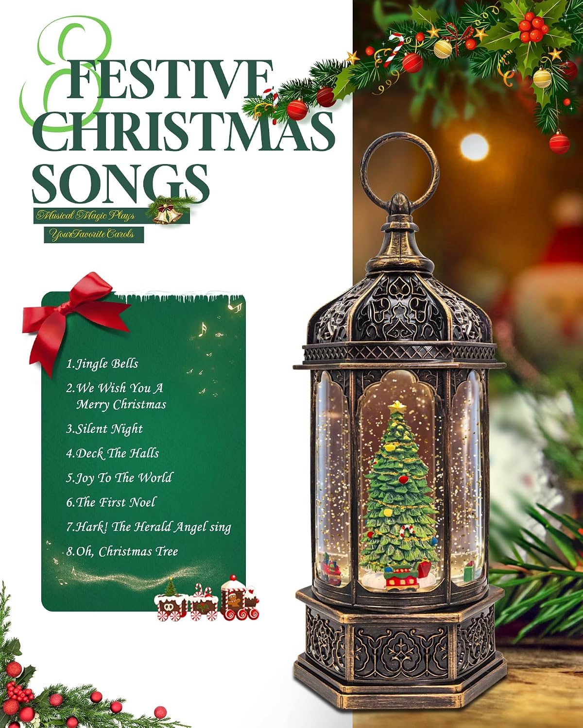Musical Christmas Tree Snow Globe with Timer, Decorative Trains Rotate with Music, Christmas Ornaments Music Box for Friends, Women, Adults, 12.7''
