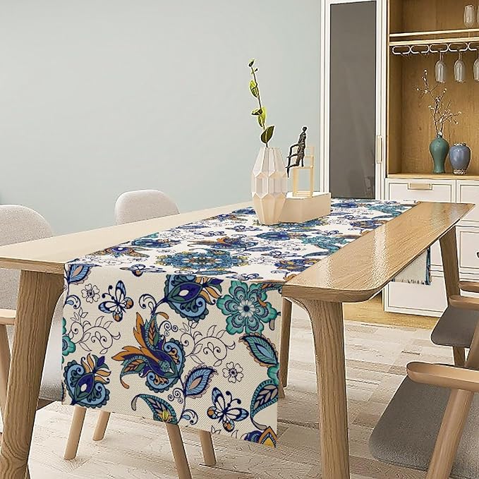 Oriental Paisley Table Runner, Luxury Vintage Blue Teal Floral Butterflies Print Table Runner for Home Dining Kitchen Coffee Table Party Decor, 13x60inch