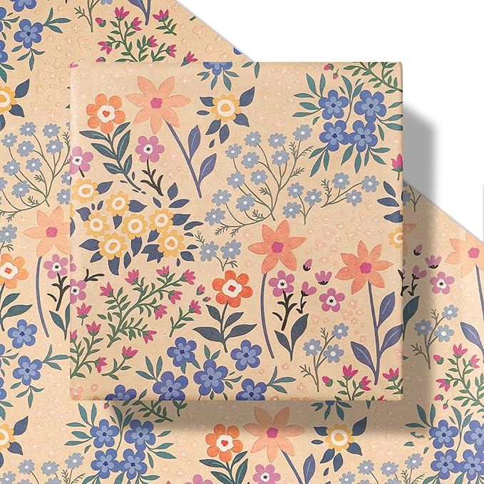 RUSPEPA Kraft Floral Wrapping Paper Roll for Girls Women, Mini Roll, Garden Flower Design, Wildflower Kraft Gift Wrap for Birthday, Spring, Summer, Mother's Day, Bridal Shower, 17 Inches x 9.8 Feet