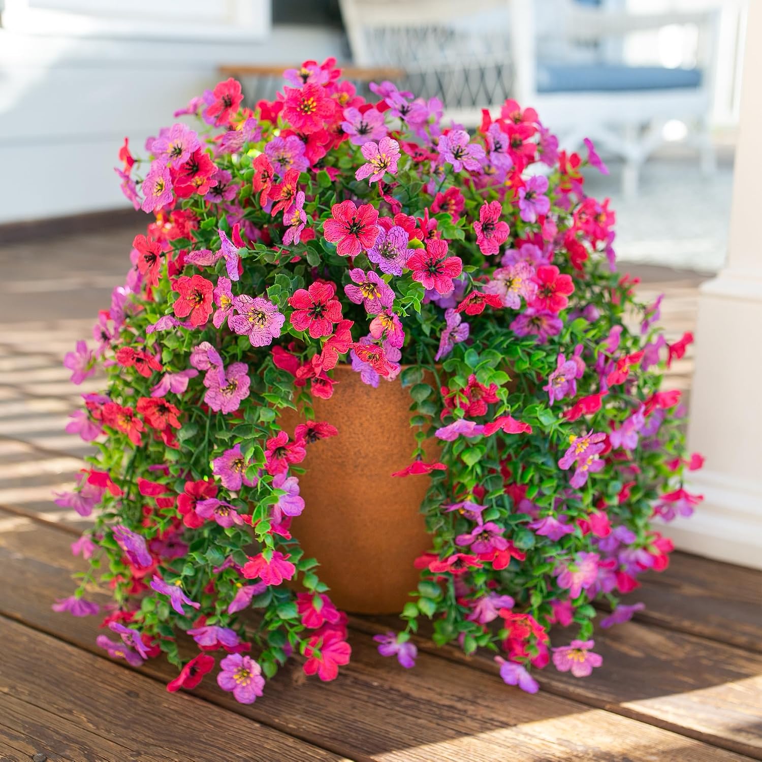 HyeFlora 2Pcs Fake Flowers Artificial Floral for Outdoors Decorations, Outside Flower Decor, UV Resistant Silk Flower for Front Porch Patio Garden(Purple and Hotpink)