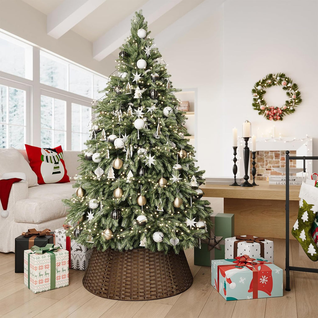 ELYKEN Wicker Christmas Tree Collar for 7.5 ft Trees, 28 Inch Woven Xmas Tree Skirt, Stylish Rustic Farmhouse Basket for Tree Base Cover with Cord Cut-Out for Pencil Tree, Brown